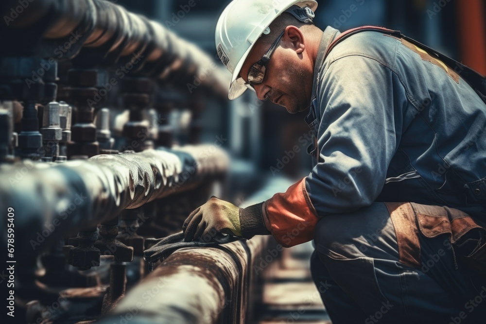 A man wearing a hard hat is seen working on pipes. This image can be used to showcase construction work or industrial projects. - obrazy, fototapety, plakaty 