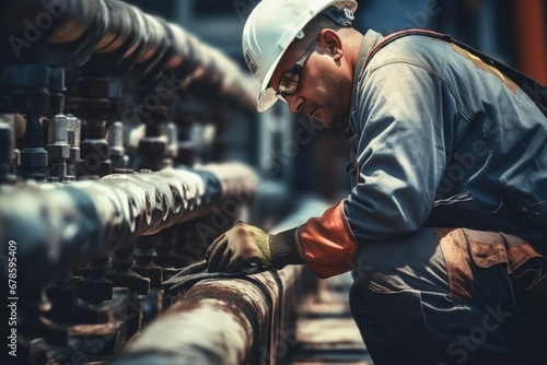 A man wearing a hard hat is seen working on pipes. This image can be used to showcase construction work or industrial projects. photo