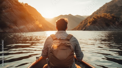 Rear view of young traveler with backpack on boat among mountains enjoying sunset © theupperclouds