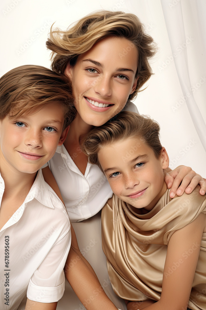 smiling mother and her children on a white background smiling mother and her children on a white background