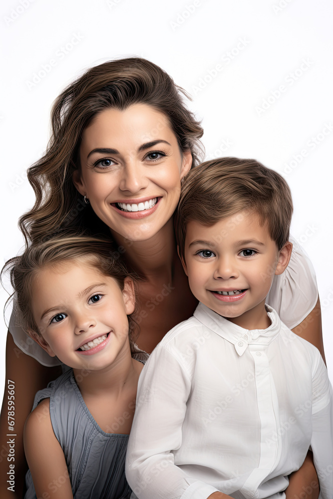 smiling mother and her children on a white background smiling mother and her children on a white background