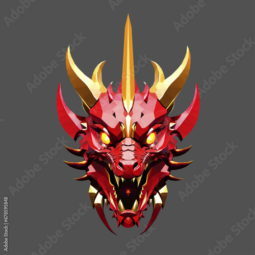 Low poly triangular dragon fiery face on dark grey background, symmetrical vector illustration isolated.  Polygonal style trendy modern logo design. Suitable for printing on a t-shirt.