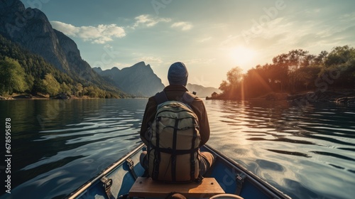 Rear view of young traveler with backpack on boat among mountains enjoying sunset