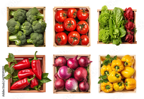 Vegetables and fruits in the wood box on background isolated, close up collection of organic fresh fruits and vegetables for healthy food, well being theme