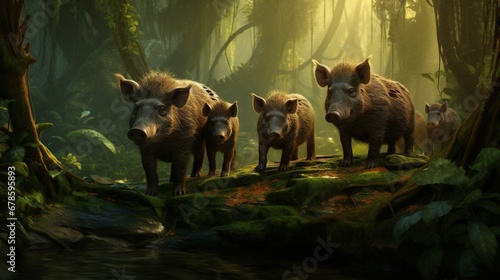 A family of wild boars foraging in the jungle. photo