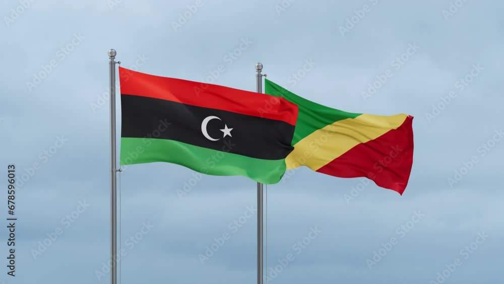 Republic of the Congo flag and Libya flag waving together on cloudy sky, endless seamless loop, two country relations concept Republic of the Congo flag and Libya flag waving together on cloudy sky, endless seamless loop, two country relations concept