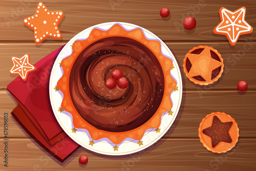Christmas pie chocolate decorated with gingerbread srats and cranberry, mince pie top view on holiday plate on wooden table in cartoon style.