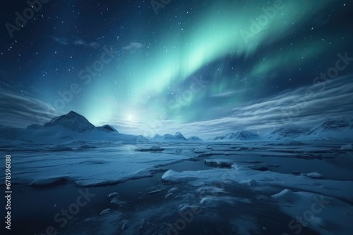 The stunning natural phenomenon of the aurora borealis illuminating the night sky above a frozen lake. Perfect for travel  nature  and winter-themed projects