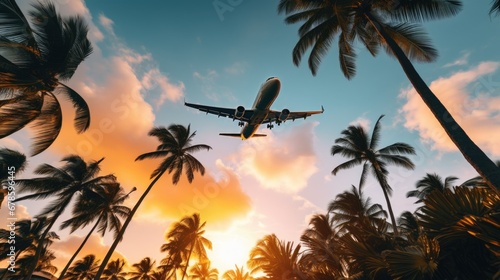 Bottom view of Airplane flying over coconut trees at sunset © theupperclouds