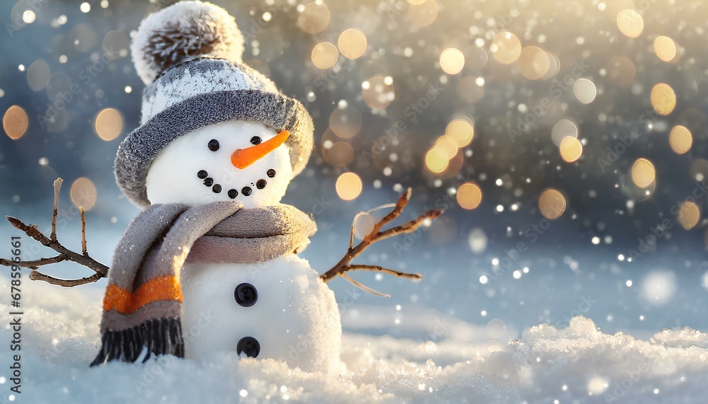 Fototapeta premium Cute small Snowman in field of Snow with Falling Snow with scarf and hat.