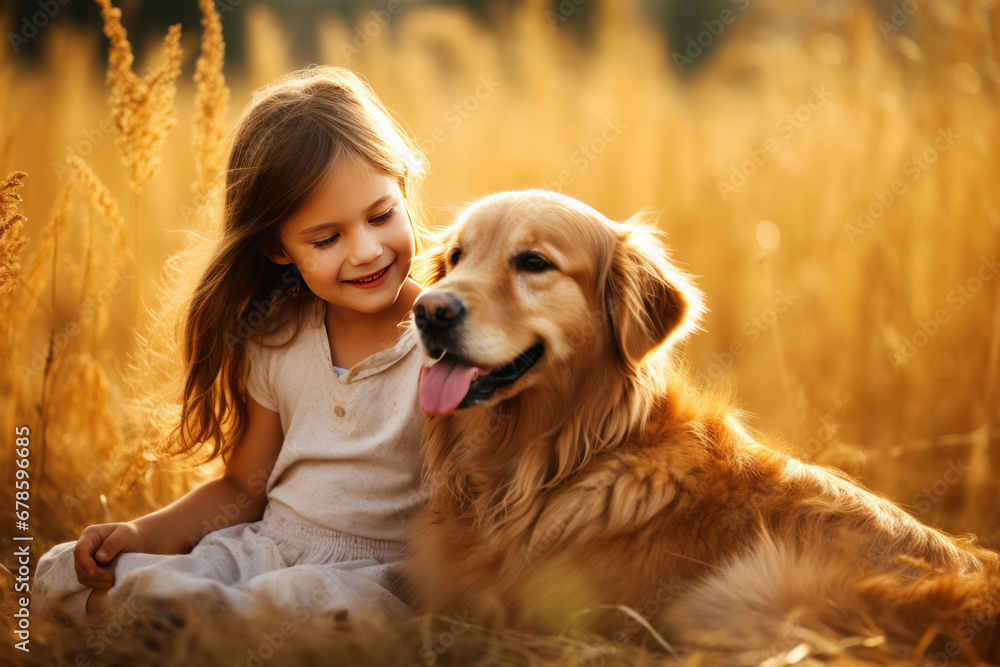 A little girl hugging golden dog in the field in summer day together. Cute child with doggy pet portrait at nature.