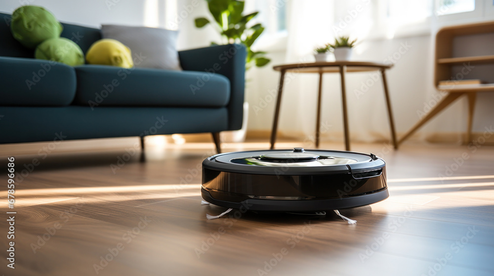 A robot vacuum cleaner working on a carpet in living room. A robot vacuum cleaner working on a carpet in living room.