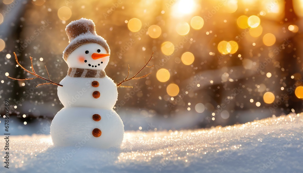 Cute small Snowman in field of Snow with Falling Snow with scarf and hat.
