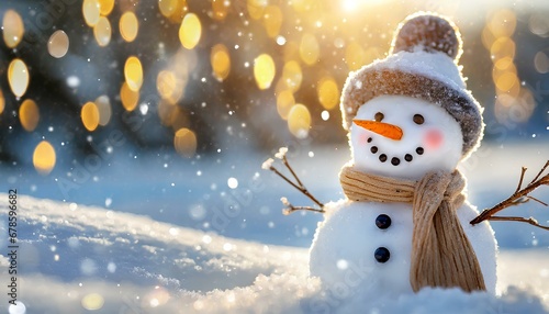 Cute small Snowman in field of Snow with Falling Snow with scarf and hat.  © Eggy