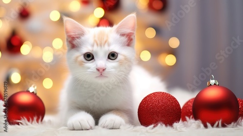 Cute little white kitten sitting and looks at the camera. Christmas tree, Christmas balls and blurred Christmas lights on background.