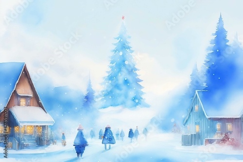 Abstract watercolor winter Christmas scene, village with snow covered houses and pine forest. Holiday background illustration for design, wall art print. © Agnostos