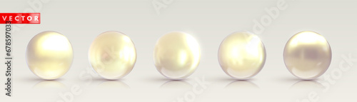 Set of pearl 3d spheres ball with reflection realistic style. Pearl glossy beads isolated on white background. 3d elements for design. Vector illustration