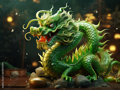 A beautiful decorative statuette of a green scary eastern dragon, a symbol of the new year 2024