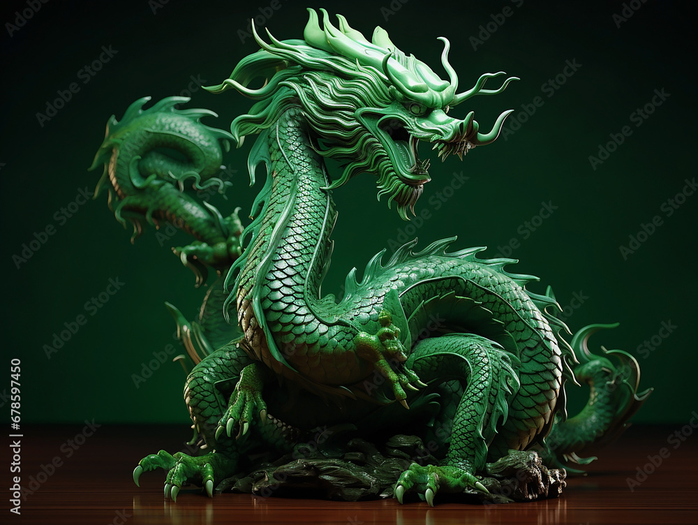 Fototapeta premium A beautiful decorative statuette of a green scary eastern dragon, a symbol of the new year 2024