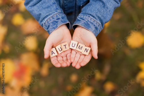 Boy holding wooden autumn blocks in hand at park photo