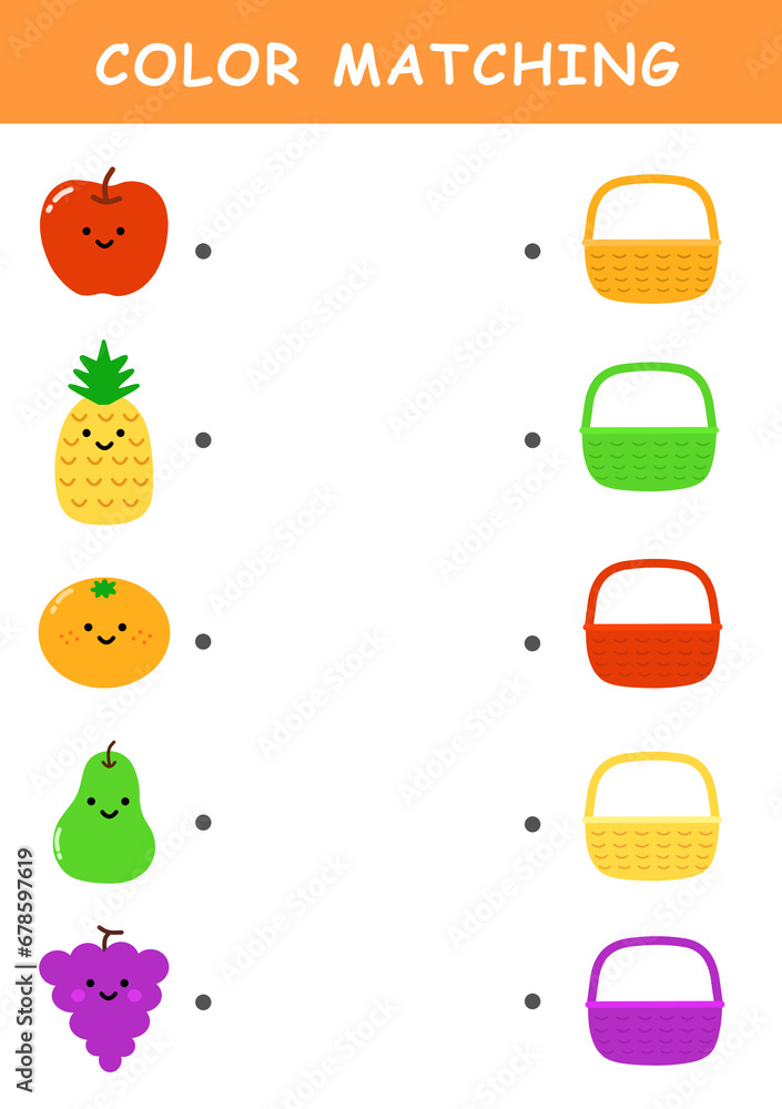 Color matching game for preschool kids. Color Matching Activities for Toddlers. Fun puzzle with Cute cartoon fruits. Color matching worksheet for children.