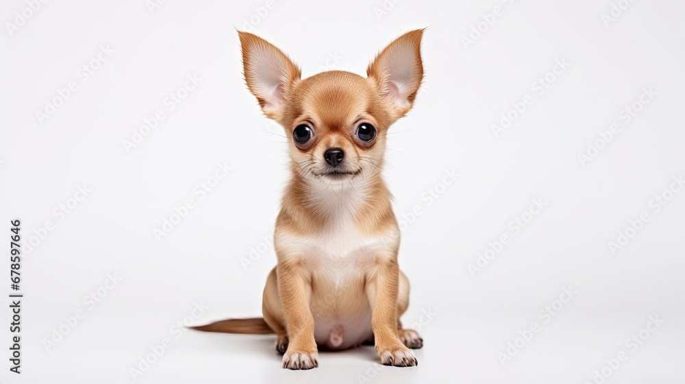 Cute little brown Chihuahua dog sitting on a white background in studio with empty space for text created with Generative AI Technology