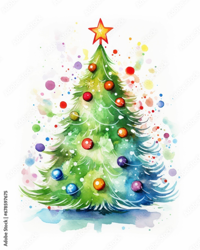 AI generated illustration of a festive Christmas tree with vibrant watercolor ornaments