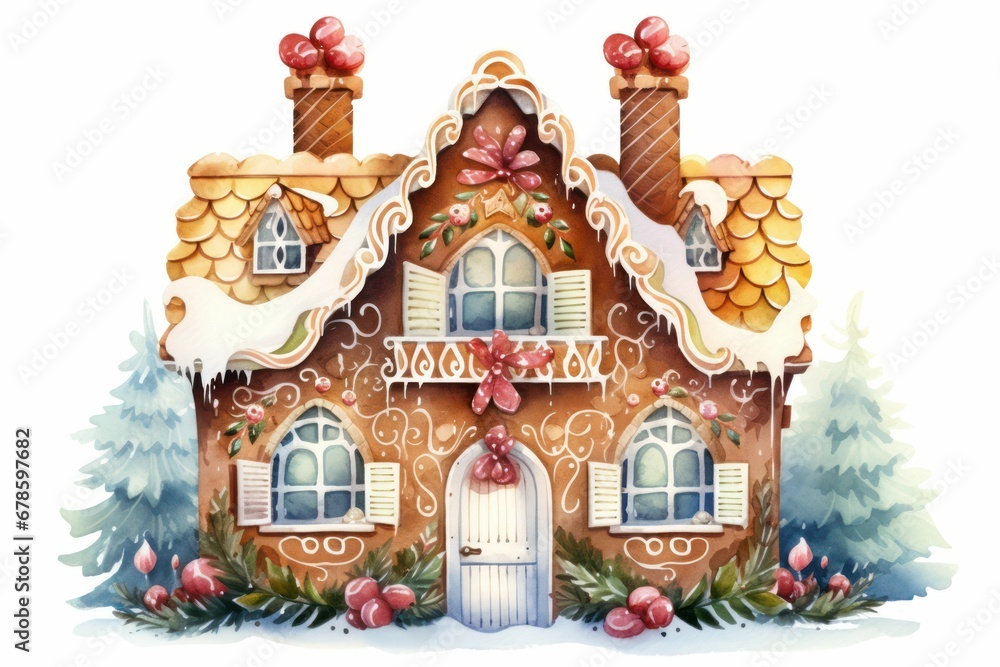 AI generated illustration of a festive watercolor illustration of a gingerbread house AI generated illustration of a festive watercolor illustration of a gingerbread house