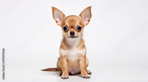 Cute little brown Chihuahua dog sitting on a white background in studio with empty space for text created with Generative AI Technology © AstraNova