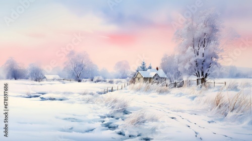 AI generated illustration of a stunning painting of a winter landscape with trees dusted in snow © Wirestock