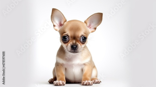 Cute little brown Chihuahua dog sitting on a white background in studio with empty space for text created with Generative AI Technology © AstraNova