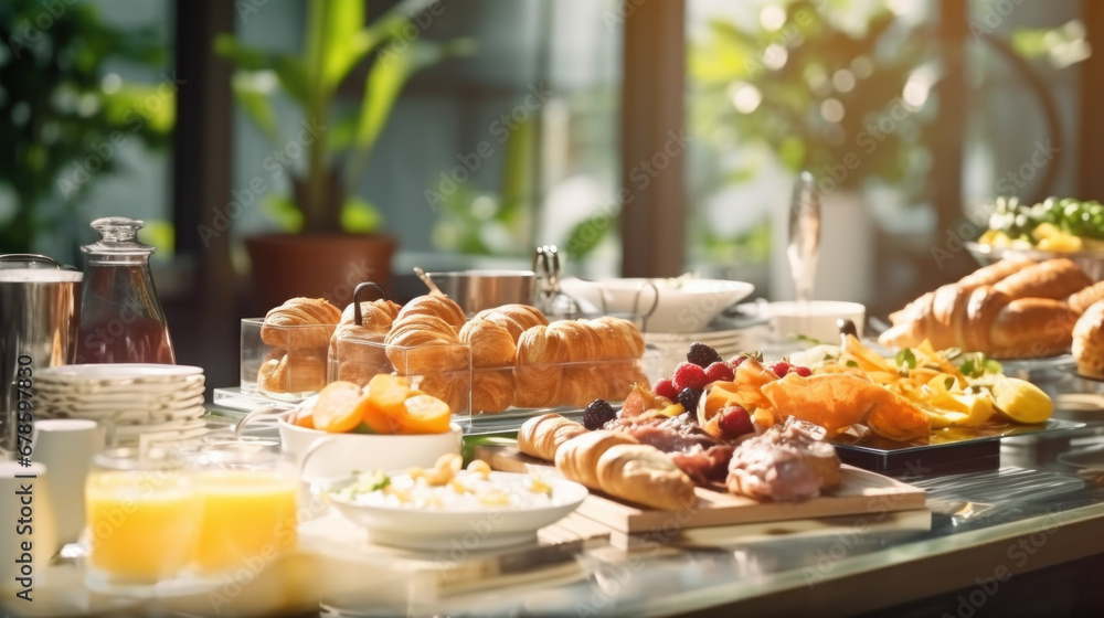 Fototapeta premium Breakfast Time in Luxury Hotel, Brunch with Family in Restaurant, Buffet Concept.