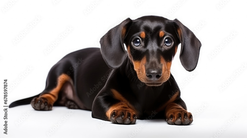 Cute little Dachshund dog sitting on a white background in studio with empty space for text created with Generative AI Technology