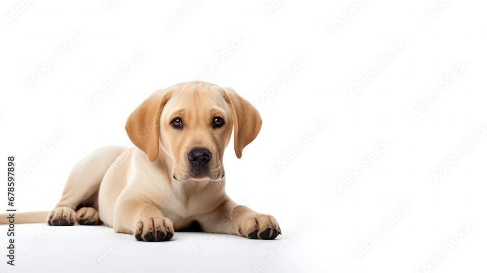 Cute little white Labrador Retriever dog lying down on a white background in studio with empty space for text Cute little white Labrador Retriever dog lying down on a white background in studio with empty space for text