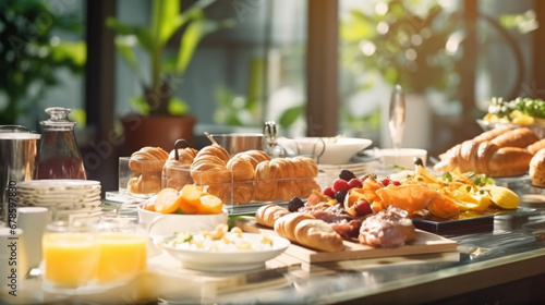 Breakfast Time in Luxury Hotel, Brunch with Family in Restaurant, Buffet Concept. photo