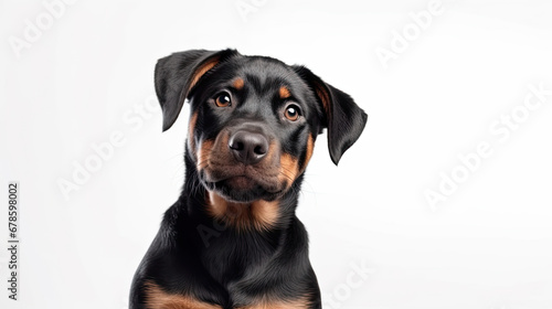 Cute little black Rottweiler dog on a white background in studio with empty space for text created with Generative AI Technology © AstraNova
