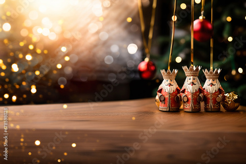 Christmas tree decorations in the form of the Three Wise Men against, sparkling bokeh. Religious holiday of Epiphany
