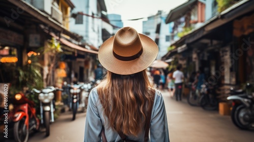 Rear view of young female tourist wearing a hat on the streets of Southeast Asia © theupperclouds