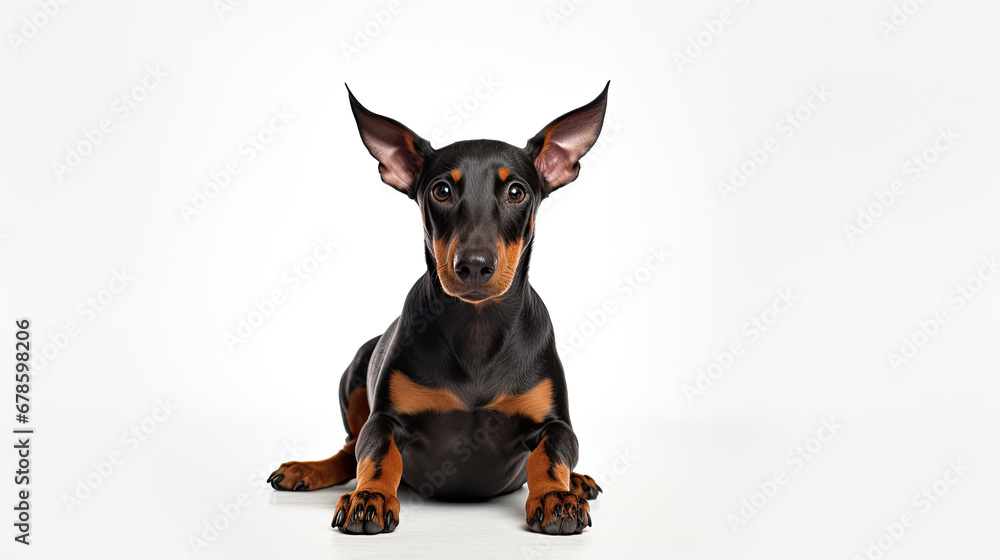 Cute little black Doberman Pinscher dog on a white background in studio with empty space for text Cute little black Doberman Pinscher dog on a white background in studio with empty space for text