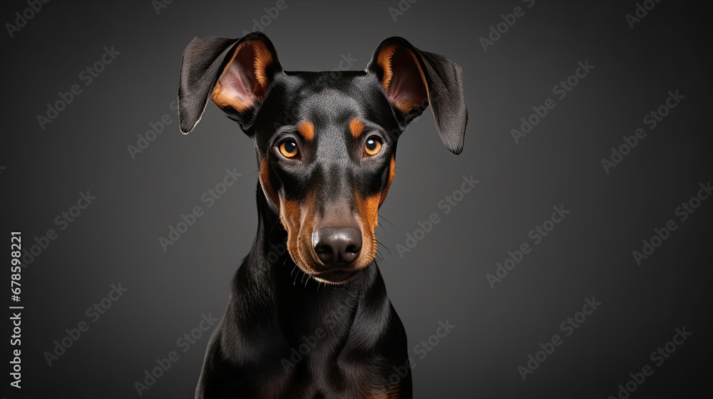 Cute little black Doberman Pinscher dog on a white background in studio with empty space for text created with Generative AI Technology 