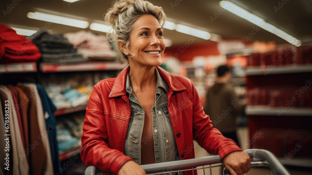 Woman smiles while shopping in supermarket with a shopping cart
