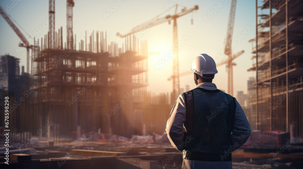 Civil engineer standing looking at unfinished construction project. Civil engineer standing looking at unfinished construction project.