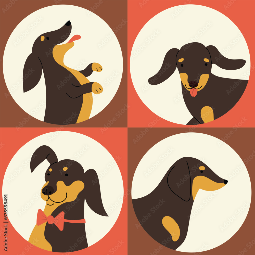 Card, icons or a geometrical seamless pattern with Dachshund breed dogs in flat design