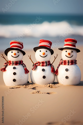 Mini Snowmen on a Sunny Beach, Adorable scenes of miniature snowmen enjoying a sunny day at the beach