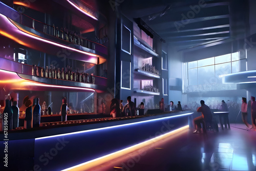 Neon Horizon: Futuristic Bar in Nightclub Created With Generative Ai
