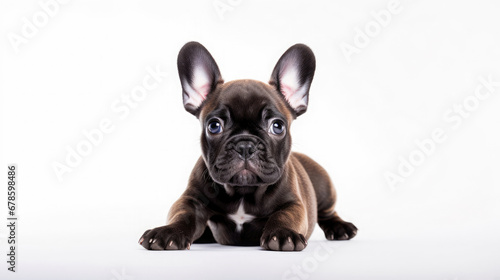Cute little French Bulldog puppy lying down on a white background in studio with empty space for text created with Generative AI Technology © AstraNova