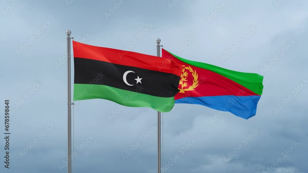 Eritrea and Libya flag waving together on cloudy sky, endless seamless loop, two country cooperation concept Eritrea and Libya flag waving together on cloudy sky, endless seamless loop, two country cooperation concept