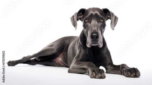 Cute little black Great Dane dog lying down on white background in studio with empty space for text created with Generative AI Technology