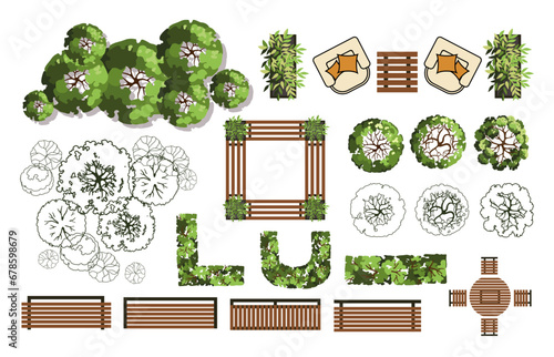 Top view elements for the landscape design plan. Trees and benches for architectural floor plans. Maze garden. Various trees, bushes, and shrubs. Vector illustration.