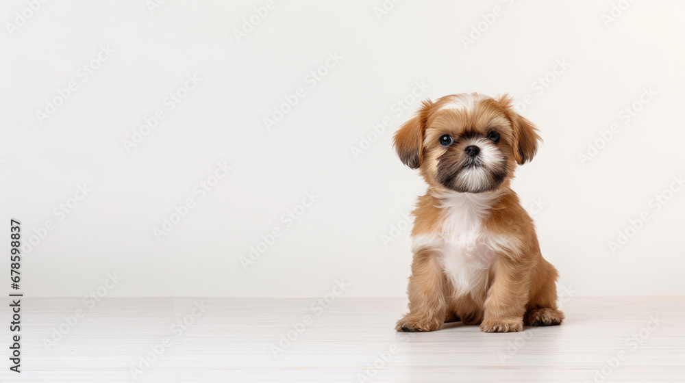 Cute little brown Shih Tzu dog sitting on white background in studio with empty space for text Cute little brown Shih Tzu dog sitting on white background in studio with empty space for text